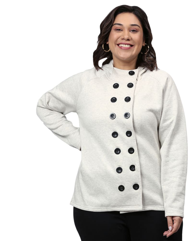 Front of a model wearing a size 3XL Cream Loose Fit Buttoned Sweatshirt in Cream by Instafab Plus. | dia_product_style_image_id:298234